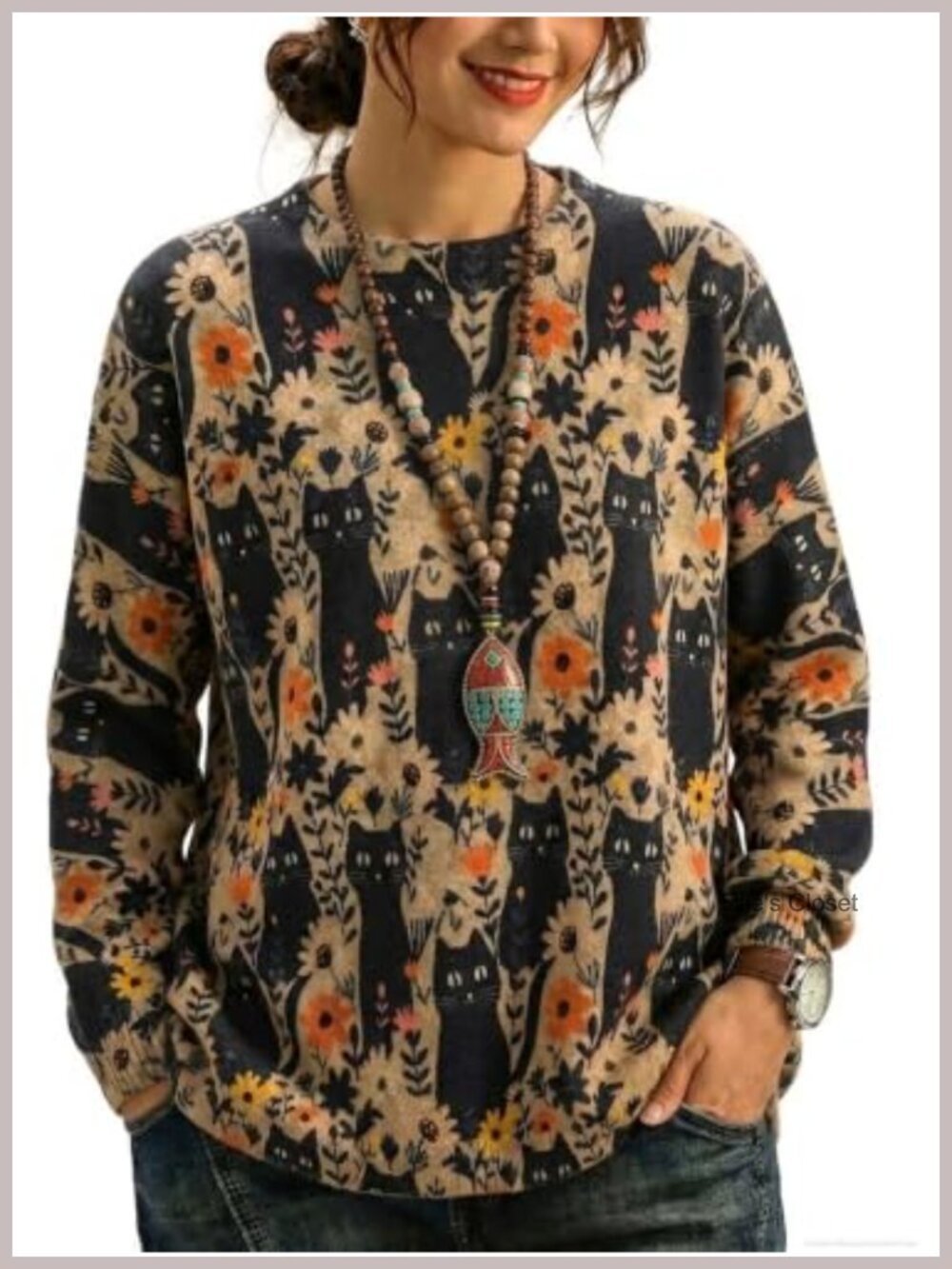 Oversized Graphic Print Knit Pullover Sweater Crewneck Long Sleeve Women's
